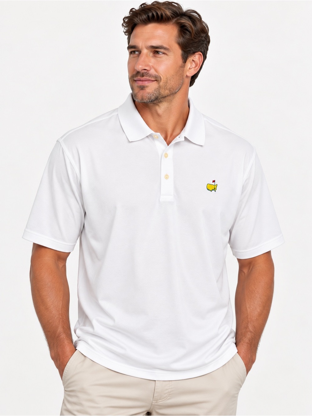 White Short-Sleeve Masters Polo Shirt with Golf Flag Logo